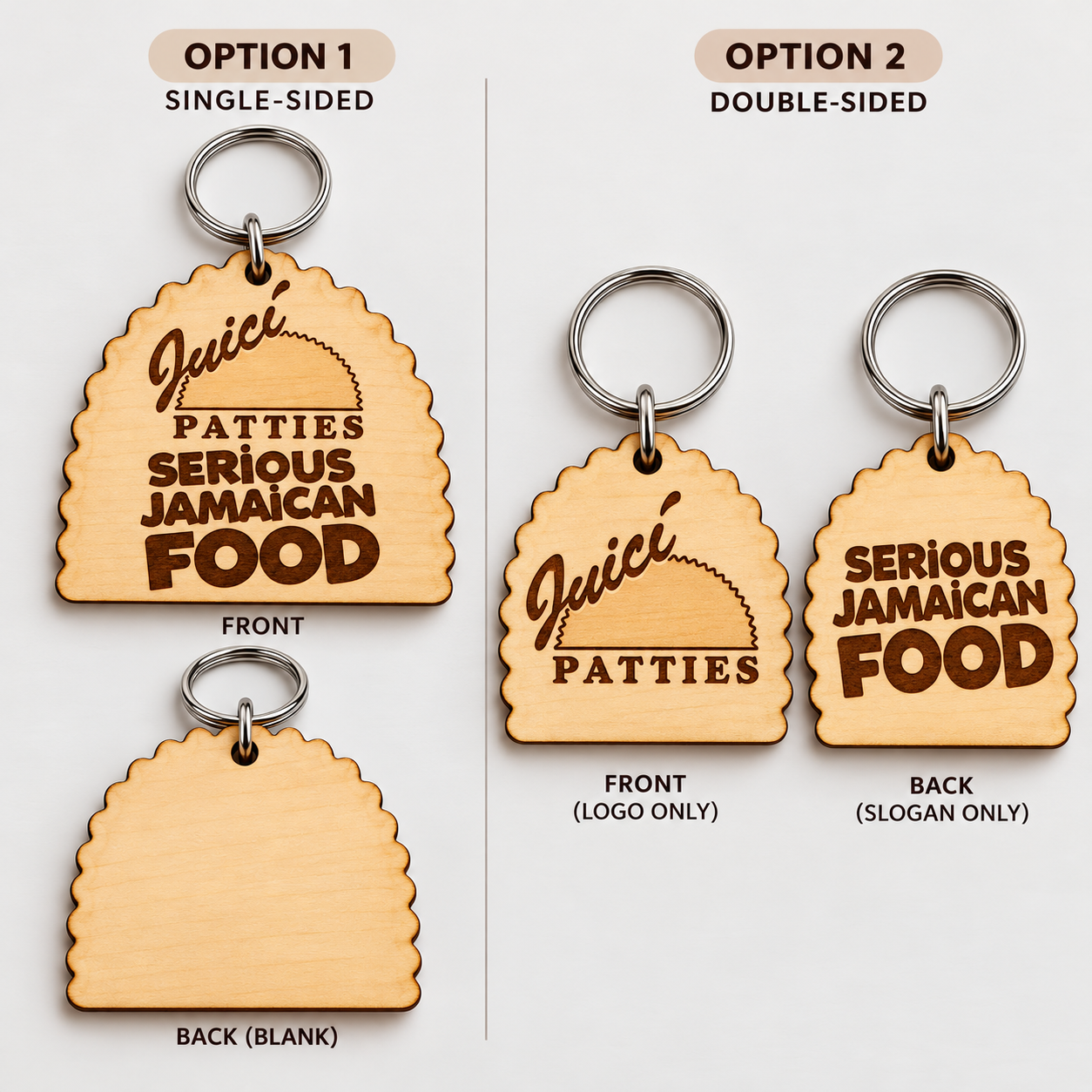 Patty-shaped single and double-sided wooden keychain concepts
