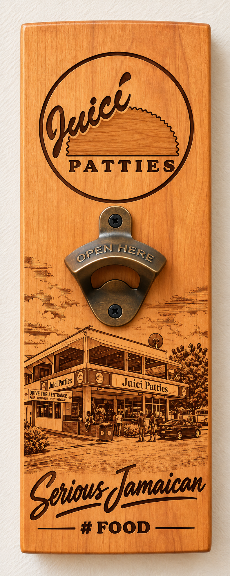 Engraved wooden Juici Patties bottle opener plaque concept