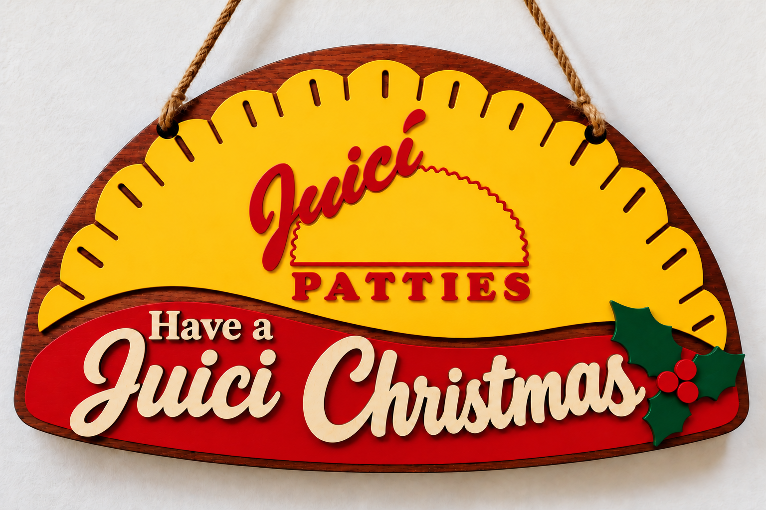 Patty-shaped Juici Patties Christmas sign concept